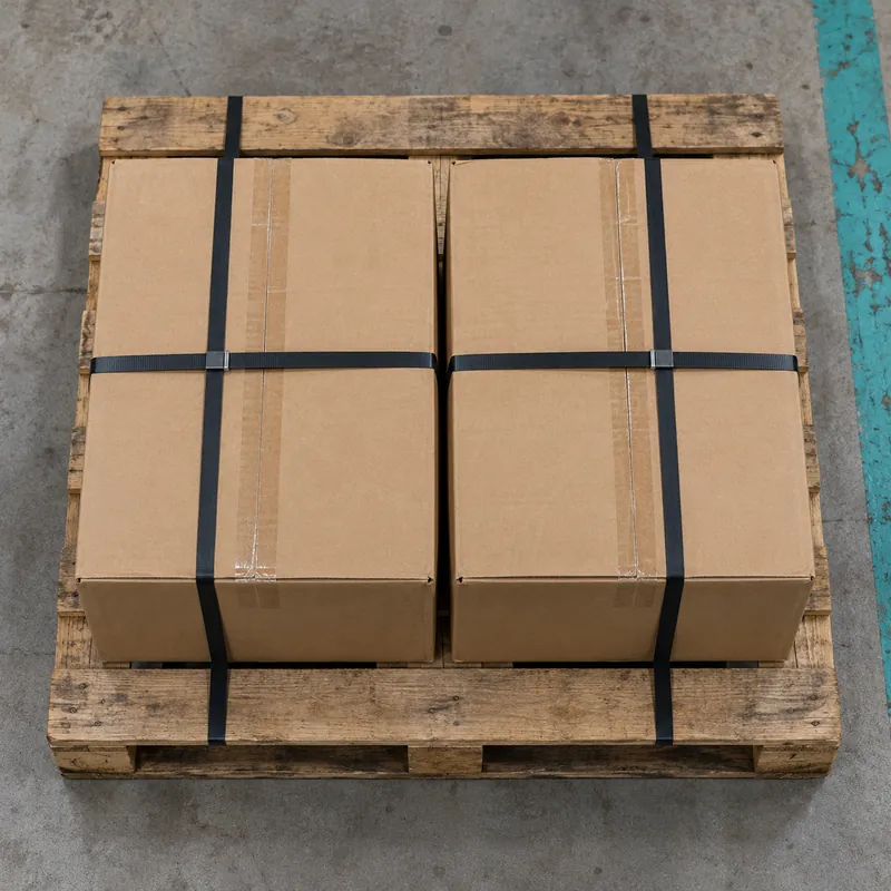 Illustrative AI-generated overhead view of two strapped kraft cartons on a wooden pallet.