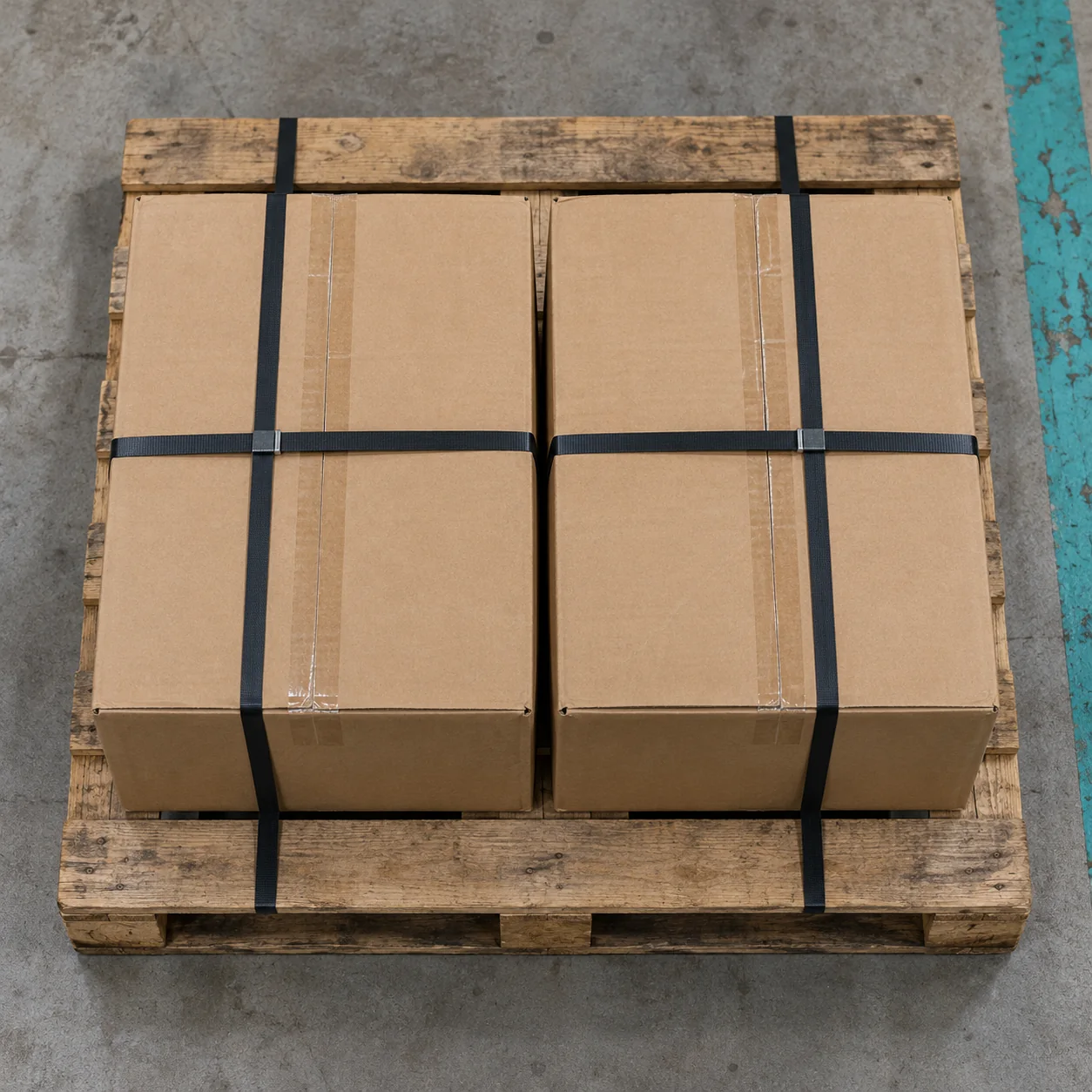 Illustrative AI-generated close overhead photograph of strapped cartons on a pallet with a turquoise floor line.