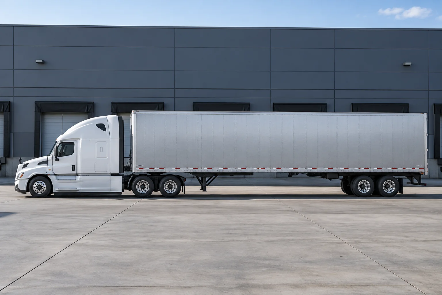 Illustrative AI-generated side profile of an unbranded white American semi-truck and silver trailer at a terminal.