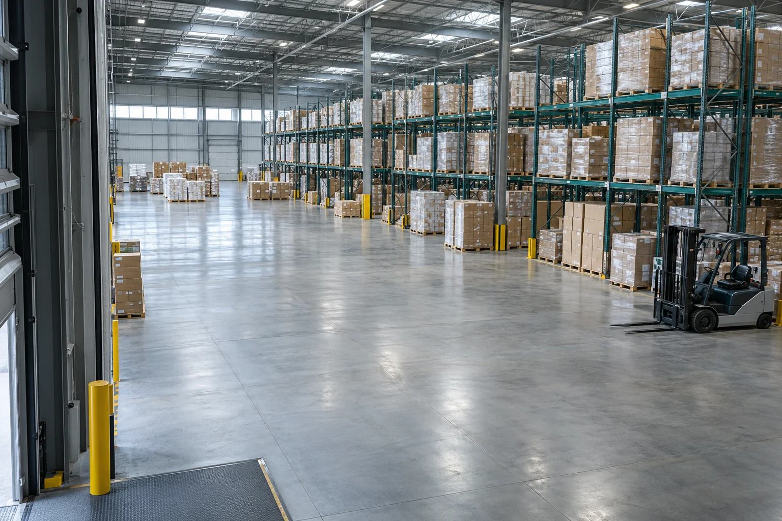 Illustrative AI-generated warehouse with organized racking and a clear staging floor.